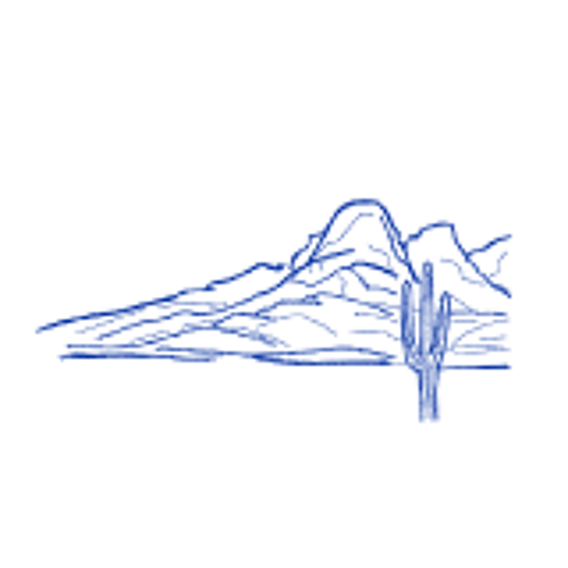 The image shows a stylized, dark blue illustration against a black background. The main elements are a mountain range and a saguaro cactus. The mountains are depicted with jagged peaks and ridgelines, while the saguaro stands tall and iconic in the foreground. The style is reminiscent of a simple, possibly vectorized design, with a limited color palette, emphasizing the contrast between the dark blue and the black backdrop.